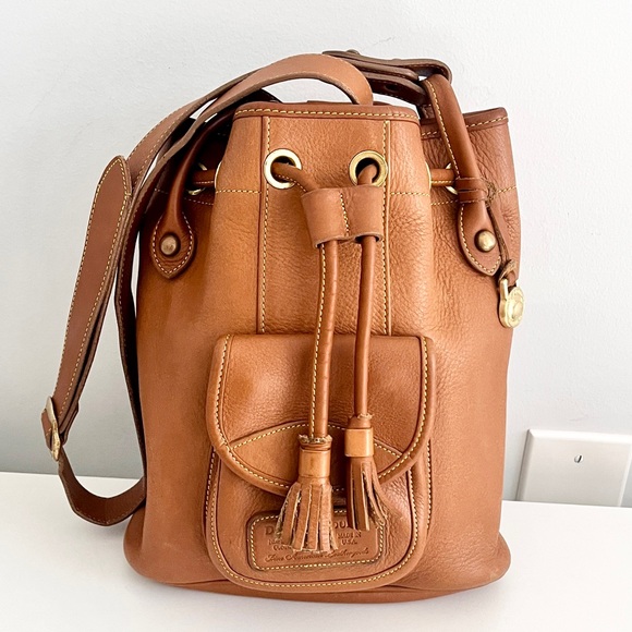 Dooney & Bourke Handbags - Vintage Dooney & Bourke British Tan Leather Drawstring Bucket Bag
